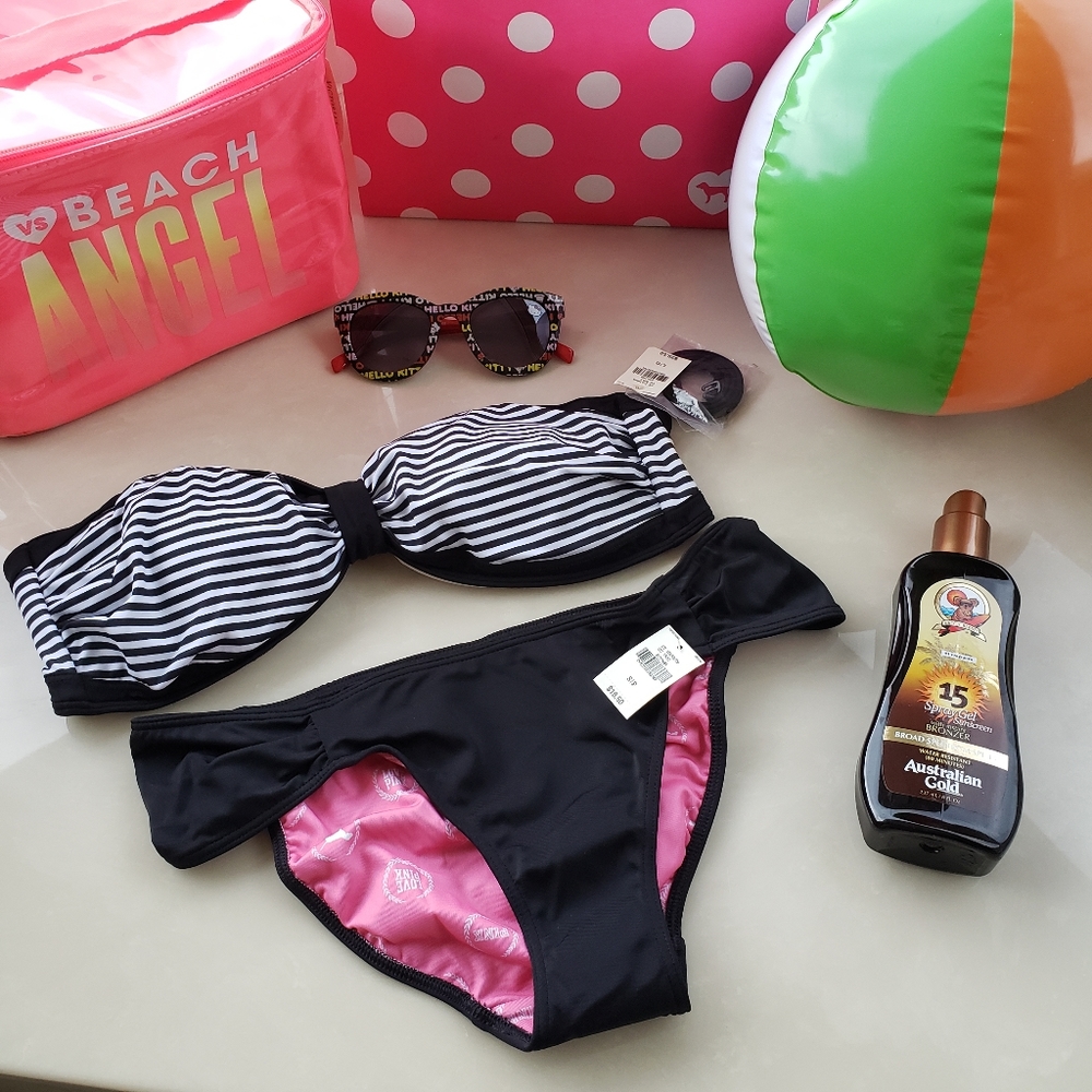 PINK Victoria's Secret Swimwear Bundle Large Bandeau Top Small Bikini Bottom NWT